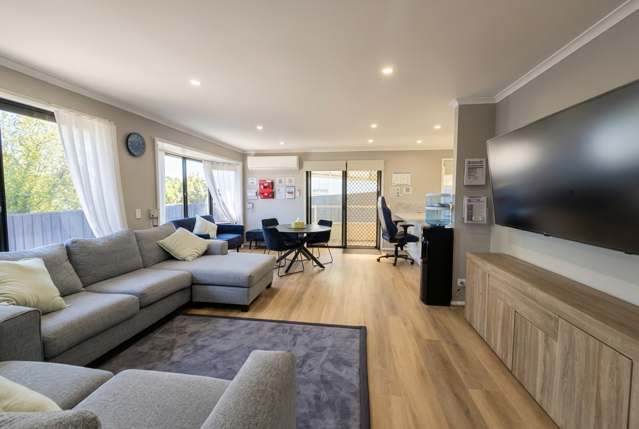 A calm, light-filled open-plan respite living space with a soft natural daylight